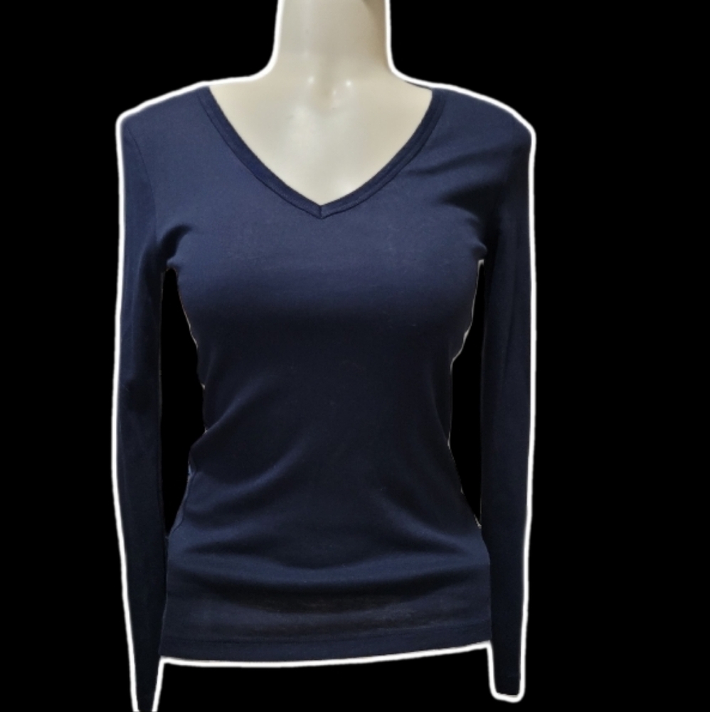 gap vintage navy blue long sleeve vneck fitted shirt y2k minimalistic top 🧸ྀི